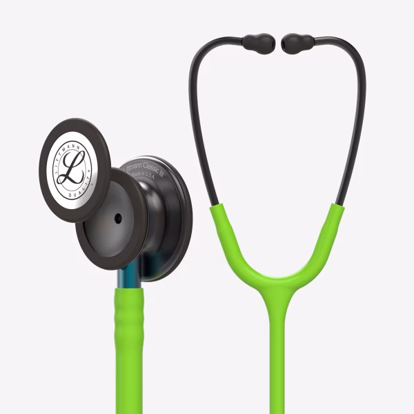 Classic-III_Lime-Green-Tube_Smoke-Chestpiece_Blue-Stem_Smoke-Headset_01 Littmann® Classic III™- Lime Green Tube, Smoke Chestpiece, Blue Stem and Smoke Headset