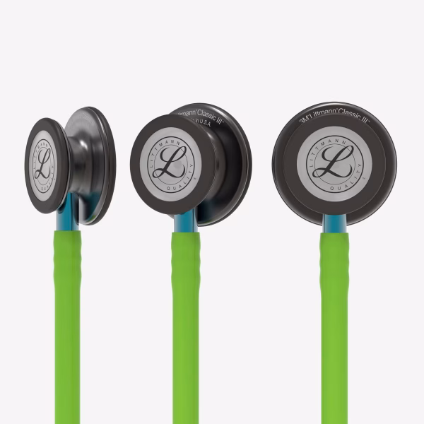 Classic-III_Lime-Green-Tube_Smoke-Chestpiece_Blue-Stem_Smoke-Headset_06 Littmann® Classic III™- Lime Green Tube, Smoke Chestpiece, Blue Stem and Smoke Headset